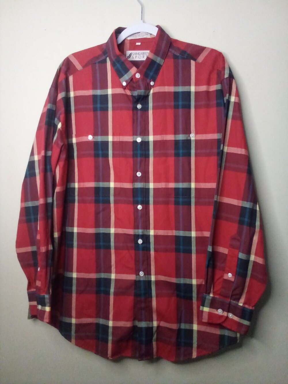 Sansabelt Sport Shirt Men L Button Down Long Sleeve Plaid Red